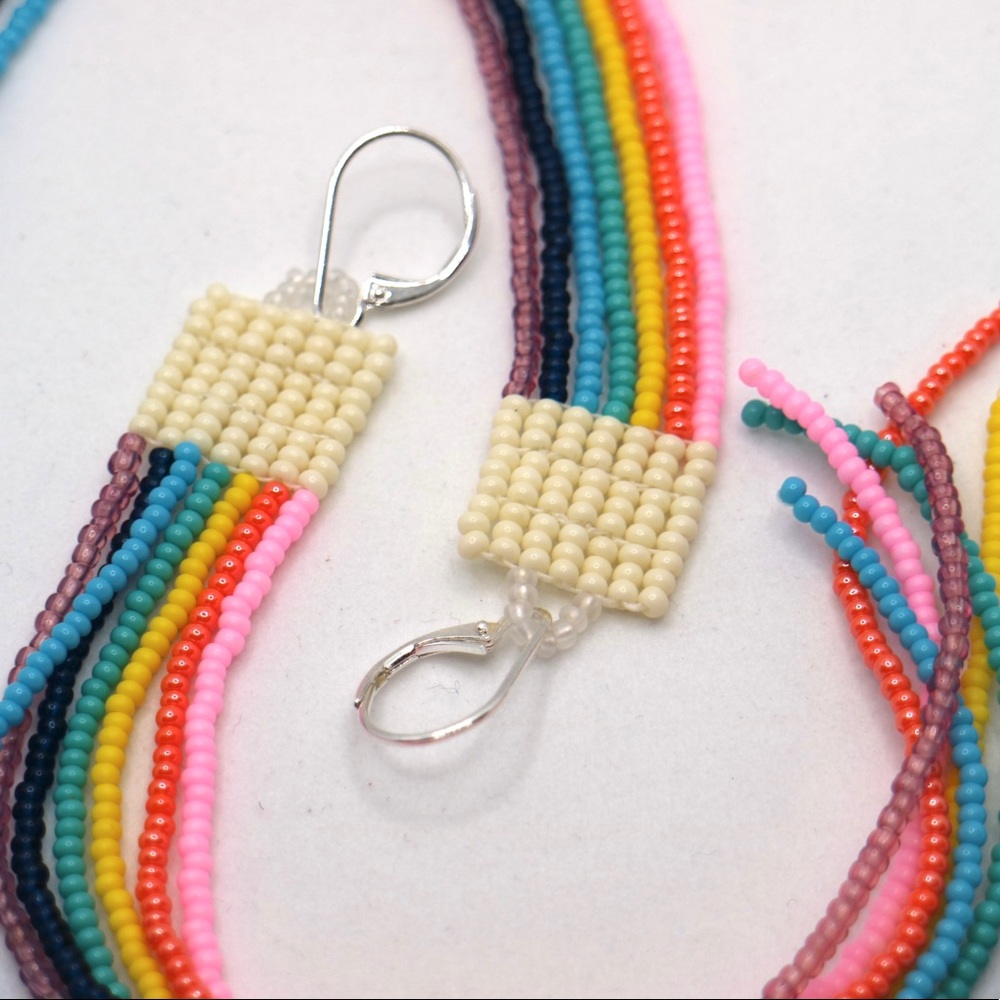 HANDMADE GLASS EARRINGS|  Rainbow Beaded Earrings Fringe Rainbow Retro Vintage
